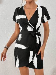 SHEIN Clasi Brush Print Knot Side Wrap Hem Dress - Black - View 6