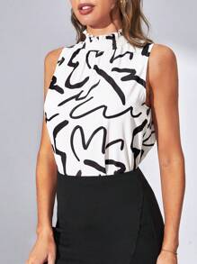 SHEIN Tall 滿版印花褶邊小高領襯衫 - 黑與白 - 查看 5