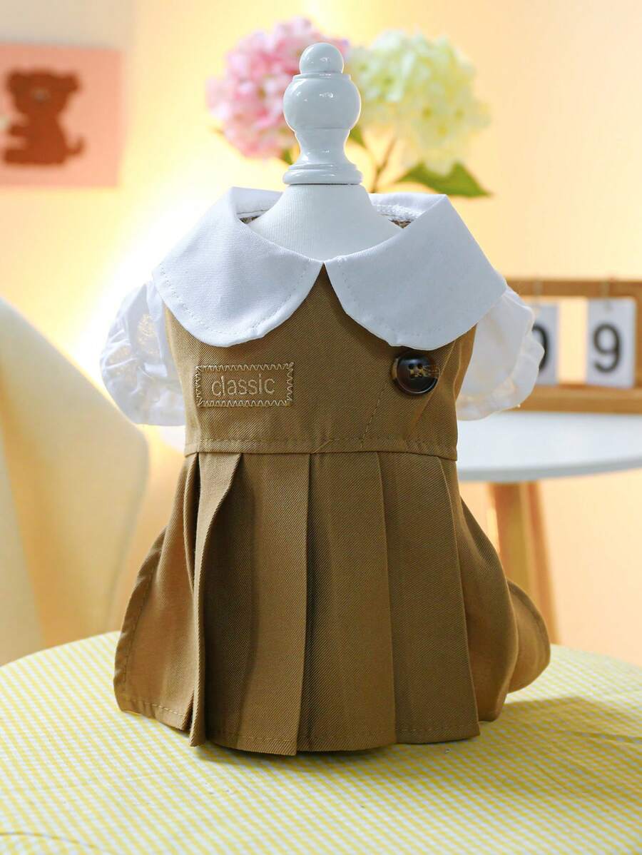 1pc Letter Embroidered Button Decor Pet Dress For Cat & Dog For Decoration - Khaki - View 1