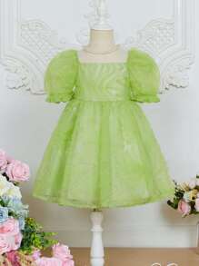 SHEIN Trang phục tiệc cho bé gái Tương phản Mesh viền lá sen Dây kéo màu trơn Buổi tiệc - Màu xanh chanh - Xem 1