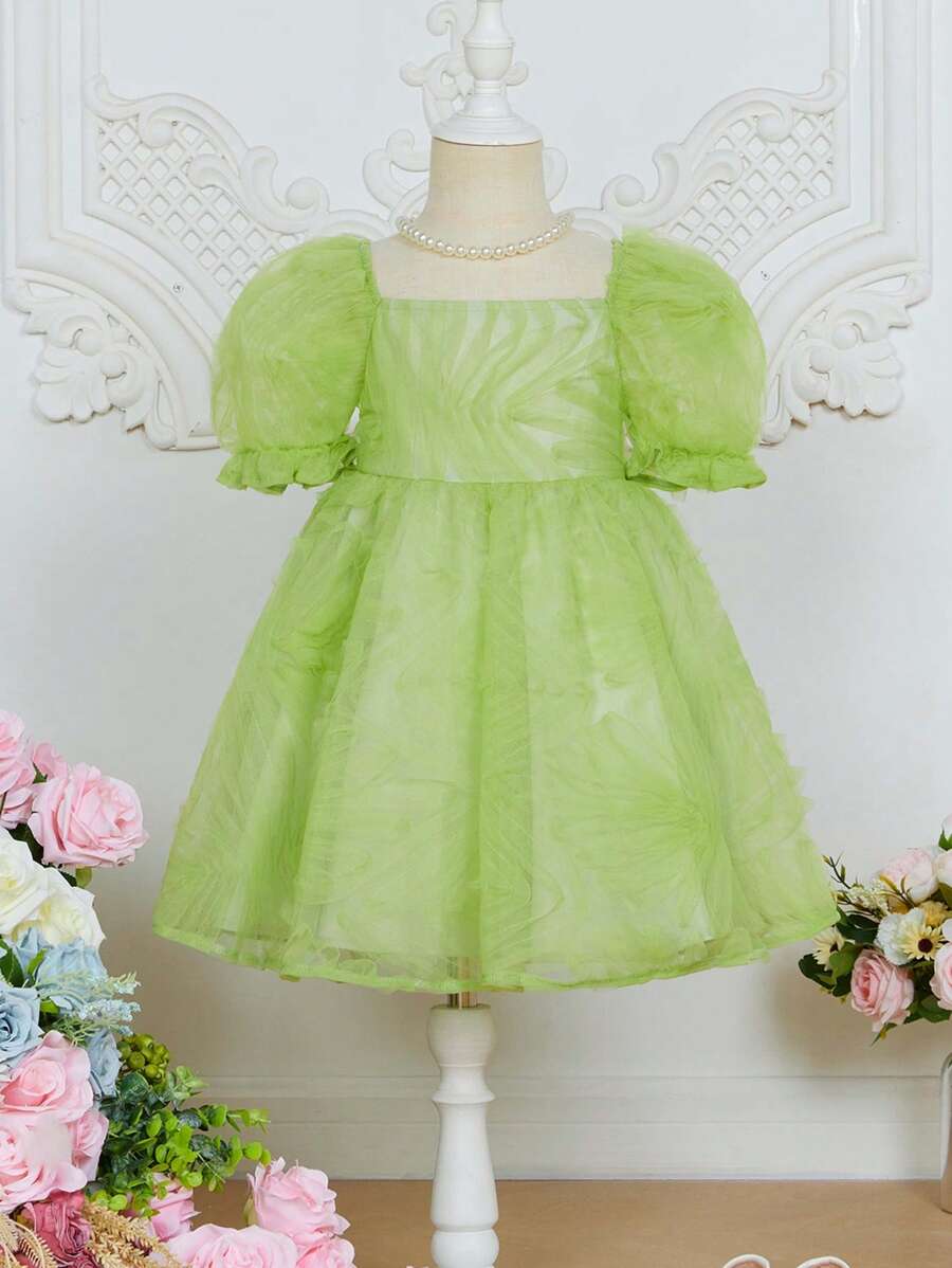 SHEIN Trang phục tiệc cho bé gái Tương phản Mesh viền lá sen Dây kéo màu trơn Buổi tiệc - Màu xanh chanh - Xem 1