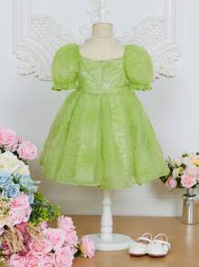 SHEIN Trang phục tiệc cho bé gái Tương phản Mesh viền lá sen Dây kéo màu trơn Buổi tiệc - Màu xanh chanh - Xem 2