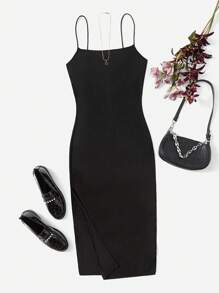 SHEIN EZwear Vestido de tirantes de muslo con abertura - Negro - Ver 1