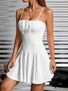 SHEIN PETITE Knot Front Fold Pleated Detail Cami Dress - White - View 3