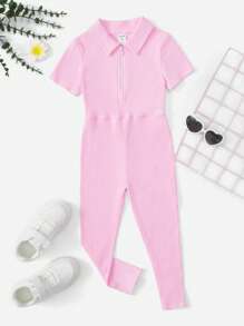 SHEIN Young Girl Zip Up Ribbed Knit Jumpsuit - Baby Pink - View 1