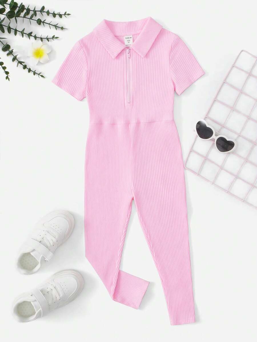 SHEIN Young Girl Zip Up Ribbed Knit Jumpsuit - Baby Pink - View 1