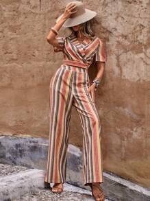 SHEIN VCAY Striped Print Crop Top & Wide Leg Pants