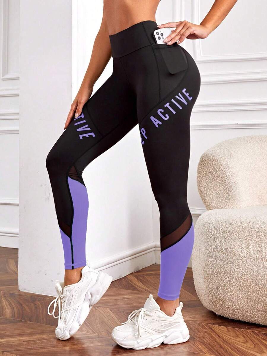 SHEIN Cheerettes Letter Graphic Colourblock Mesh Insert Sports Leggings With Phone Pocket - Purple - View 1