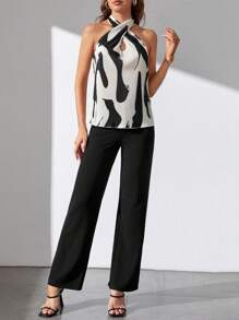 SHEIN Tall 圖案印花掛脖上衣和褲子 - 黑與白 - 查看 4