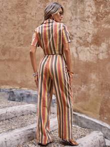 SHEIN VCAY Striped Print Crop Top & Wide Leg Pants