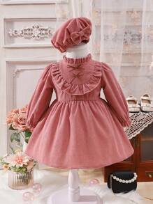 SHEIN Glamorique Kids Đứa bé gái Viền Ruffle tay áo lá sen Đầm Với mũ - Bụi hồng - Xem 1