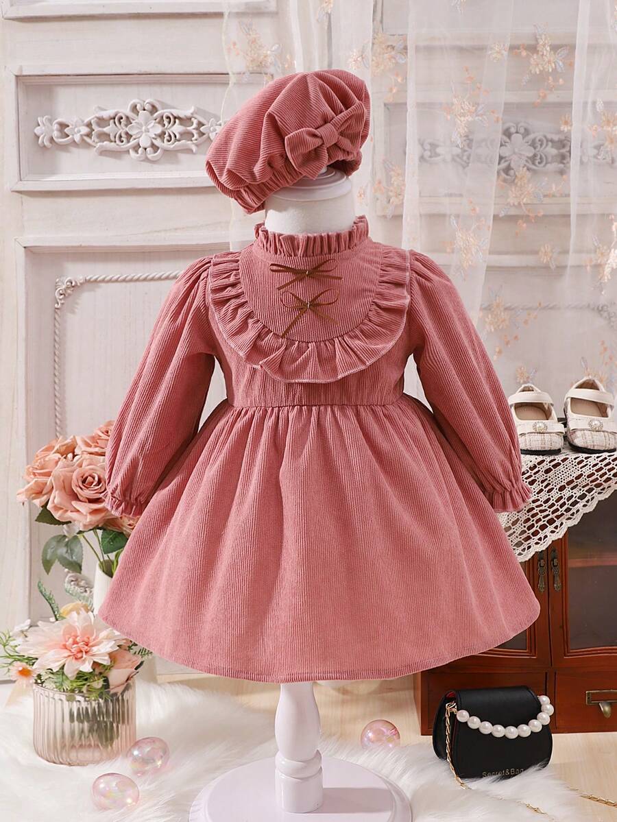 SHEIN Glamorique Kids Đứa bé gái Viền Ruffle tay áo lá sen Đầm Với mũ - Bụi hồng - Xem 1