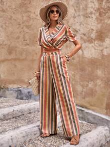 SHEIN VCAY Striped Print Crop Top & Wide Leg Pants