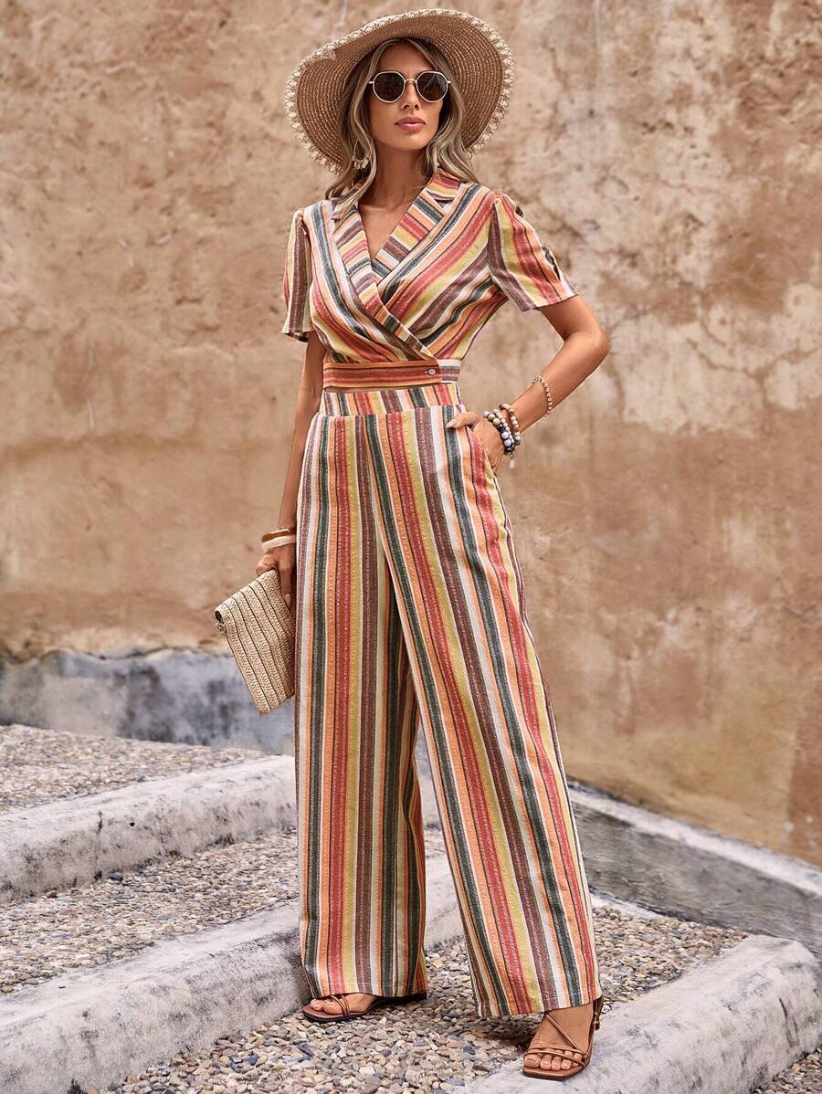 SHEIN VCAY Striped Print Crop Top & Wide Leg Pants