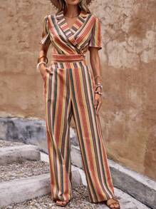 SHEIN VCAY Striped Print Crop Top & Wide Leg Pants