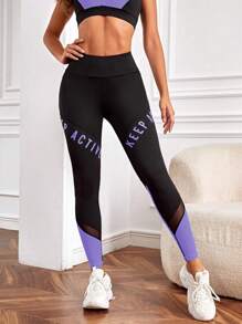 SHEIN Cheerettes Letter Graphic Colourblock Mesh Insert Sports Leggings With Phone Pocket - Purple - View 6