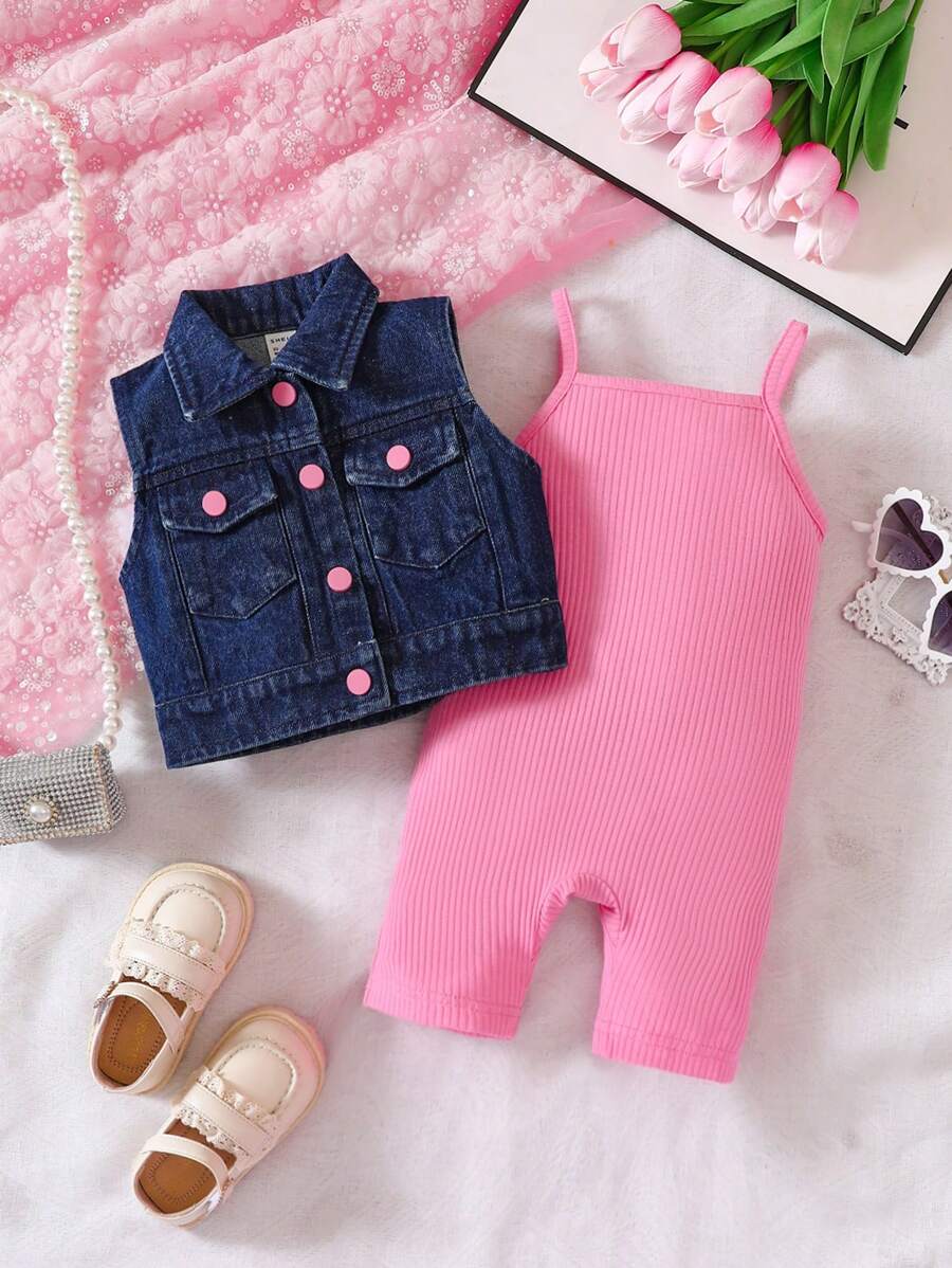 Baby Girl Flap Pocket Vest Jacket & Jumpsuit - Multicolor - View 1