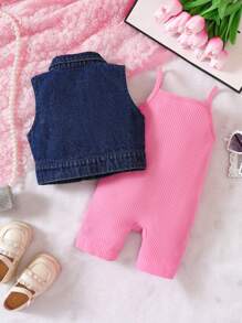 Baby Girl Flap Pocket Vest Jacket & Jumpsuit - Multicolor - View 2