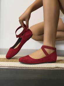 2025秋季时尚户外防滑平底芭蕾舞鞋 - 酒紅色 - 查看 2