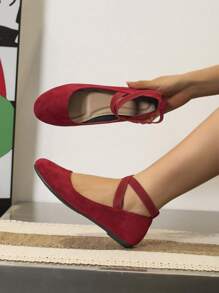 2025秋季时尚户外防滑平底芭蕾舞鞋 - 酒紅色 - 查看 5