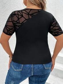 SHEIN Essnce 大碼拼接幾何網紗T恤 - 黑色 - 查看 2