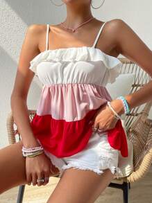 SHEIN VCAY 撞色荷葉邊吊帶上衣 - 彩色 - 查看 5