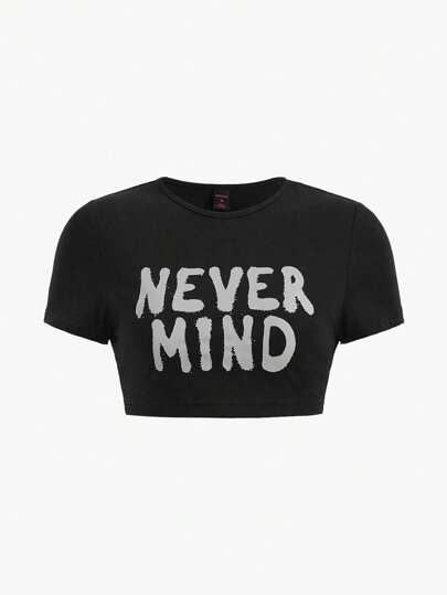 Kpop Slogan Graphic Crop Tee NEVER MIND, School