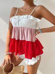 SHEIN VCAY 撞色荷葉邊吊帶上衣 - 彩色 - 查看 4