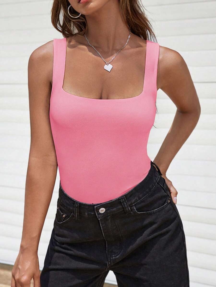 SHEIN EZwear Solid Square Neck Tank Bodysuit - Pink - View 1