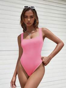 SHEIN EZwear Solid Square Neck Tank Bodysuit - Pink - View 3