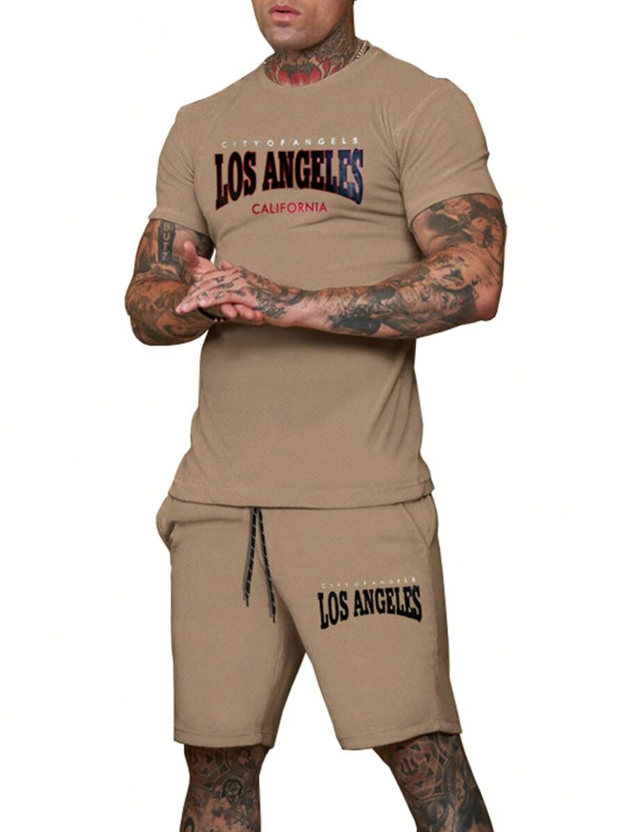 Manfinity Fitness Boyfriend Style Men Shorts Set Boyfriend Style Men Letter Graphic Sports Tee & Shorts, Athletic Suit, Tracksuit  Workout Set  Workout Sets Workout Set Breathable - Khaki - View 1