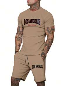 Manfinity Fitness Boyfriend Style Men Shorts Set Boyfriend Style Men Letter Graphic Sports Tee & Shorts, Athletic Suit, Tracksuit  Workout Set  Workout Sets Workout Set Breathable - Khaki - View 3