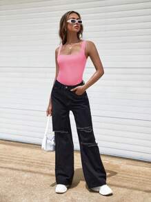 SHEIN EZwear Solid Square Neck Tank Bodysuit - Pink - View 6