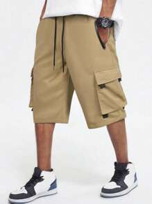 Manfinity Hypemode Loose Fit Men's Cargo Shorts With Flap Pockets, Side Drawstring Waist - Khaki - View 1