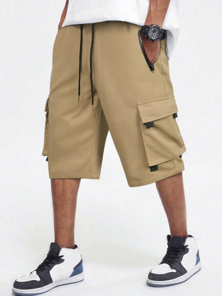 Manfinity Hypemode Loose Fit Men's Cargo Shorts With Flap Pockets, Side Drawstring Waist - Khaki - View 1