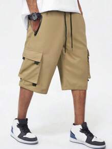 Manfinity Hypemode Loose Fit Men's Cargo Shorts With Flap Pockets, Side Drawstring Waist - Khaki - View 3