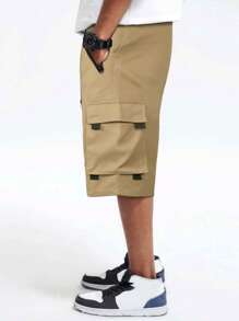 Manfinity Hypemode Loose Fit Men's Cargo Shorts With Flap Pockets, Side Drawstring Waist - Khaki - View 4