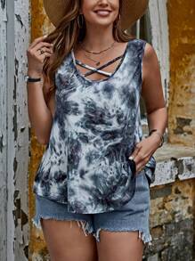 SHEIN LUNE Plus 1pc Tie Dye Crisscross Front Tank Top - Multicolor - View 1