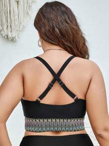 SHEIN Swim Curve Plus Contrast Tape Bikini Top - Black - View 2