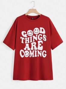 SHEIN EZwear Áo thun Plus size Hoạt hình Slogan Giải trí - Đỏ - Xem 1