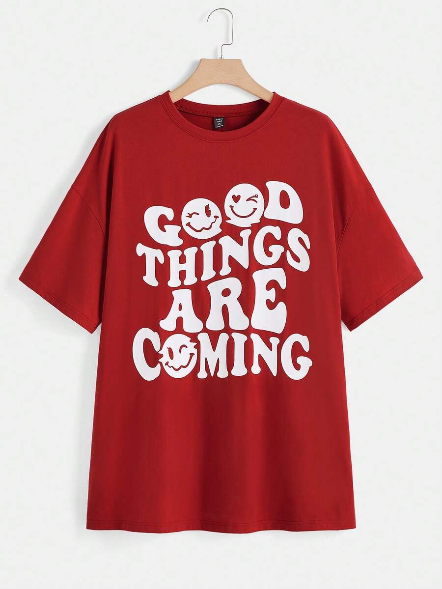 SHEIN EZwear Áo thun Plus size Hoạt hình Slogan Giải trí - Đỏ - Xem 1