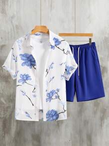 Manfinity Chillmode 男士隨機花朵印花襯衫&腰部抽繩短褲套裝不帶T恤 - 藍白色 - 查看 1