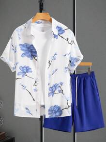 Manfinity Chillmode 男士隨機花朵印花襯衫&腰部抽繩短褲套裝不帶T恤 - 藍白色 - 查看 7