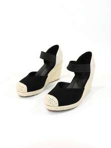 Women's Black Wedges With Woven Grass Soles - Black - View 3