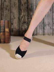 Women's Black Wedges With Woven Grass Soles - Black - View 6