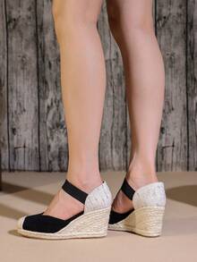 Women's Black Wedges With Woven Grass Soles - Black - View 7