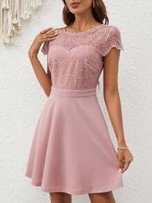 SHEIN Frenchy 拼接網紗刺繡A字洋裝 - 藕粉色 - 查看 5