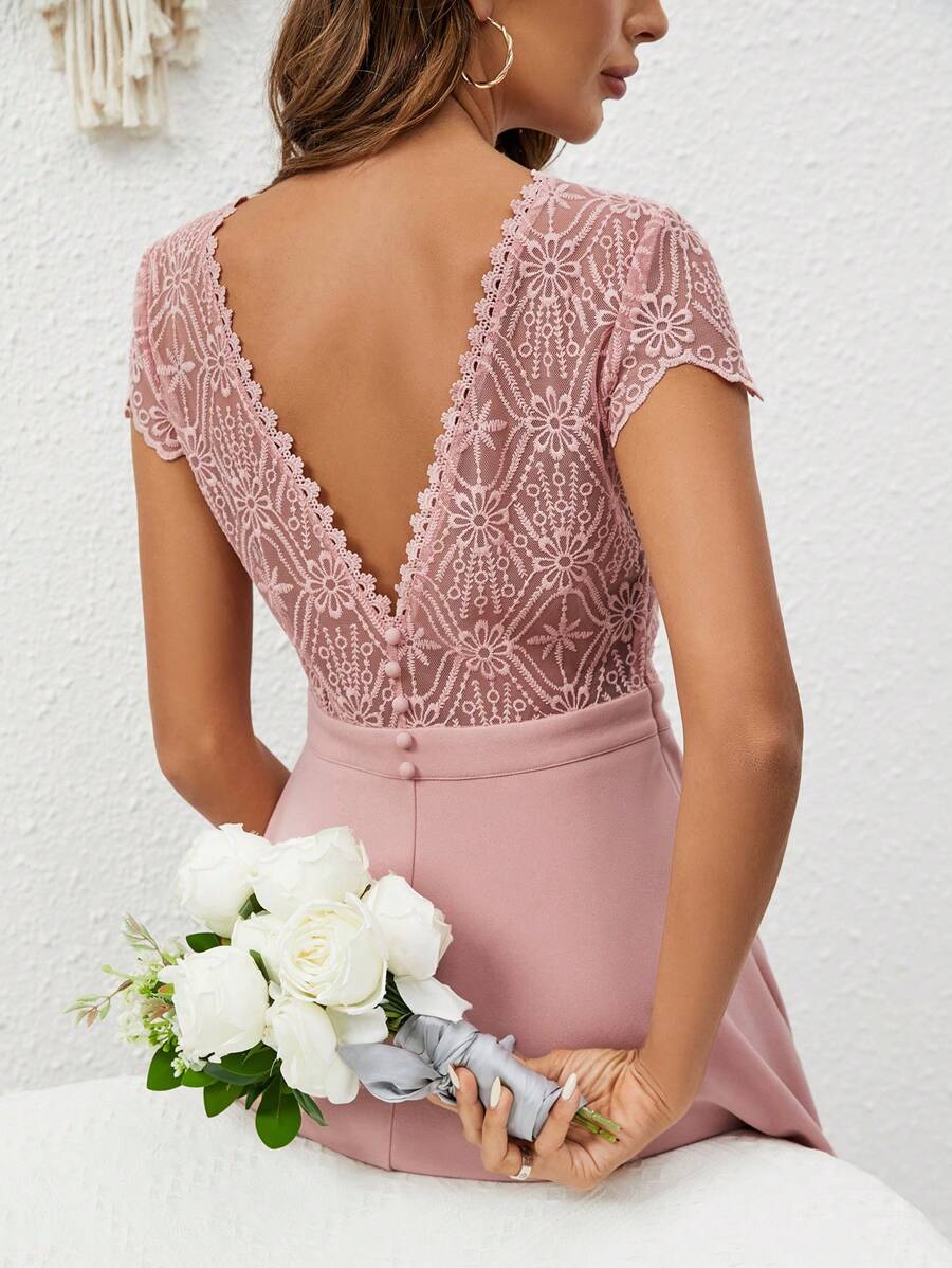 SHEIN Frenchy 拼接網紗刺繡A字洋裝 - 藕粉色 - 查看 1