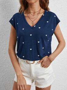 SHEIN Frenchy Heart Print Batwing Sleeve Tee - Navy Blue - View 2