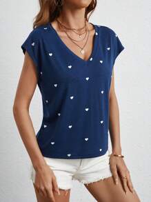 SHEIN Frenchy Heart Print Batwing Sleeve Tee - Navy Blue - View 3